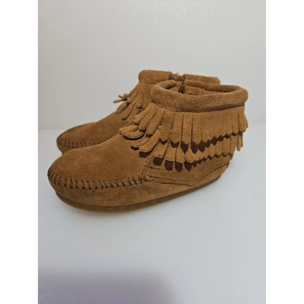 Minnetonka Kids Size 6 Double Fringe Moccasins Bootie Brown Leather Side Zipper